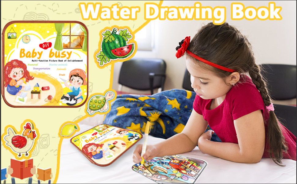 2 In 1 Magic Water Drawing Book & Busy Book For Children With 1 Magic Pen, Educational Learning Toys For Toddlers 3+ Age
